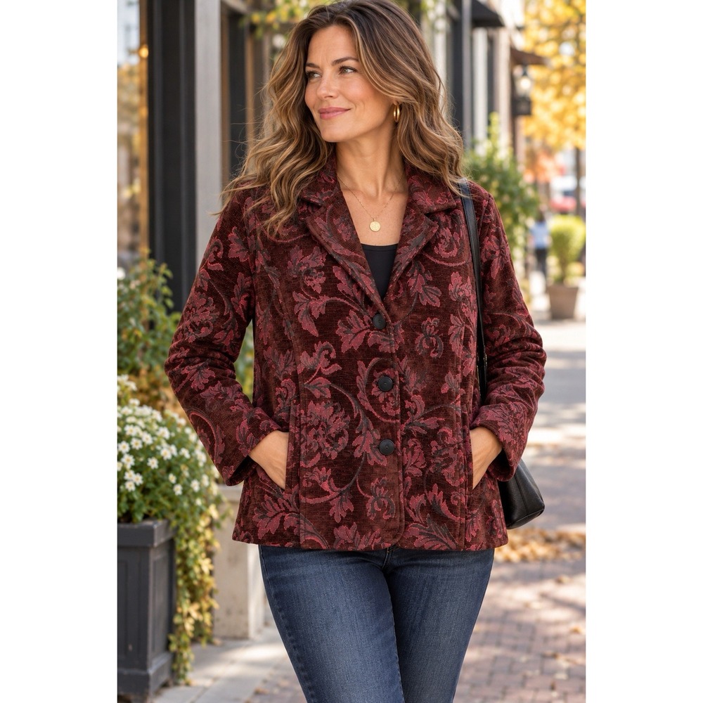 New VTG Parsley & Sage Rich Burgundy Floral Tapestry Jacket Size M Y2K